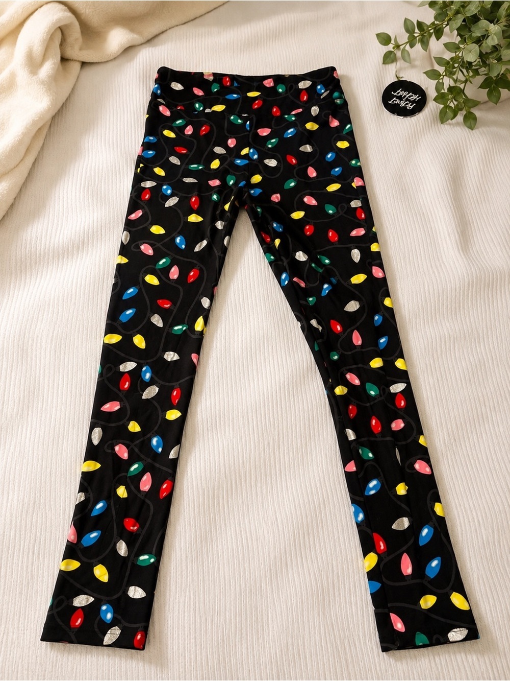 Black Leggings with Colorful Holiday Light Print